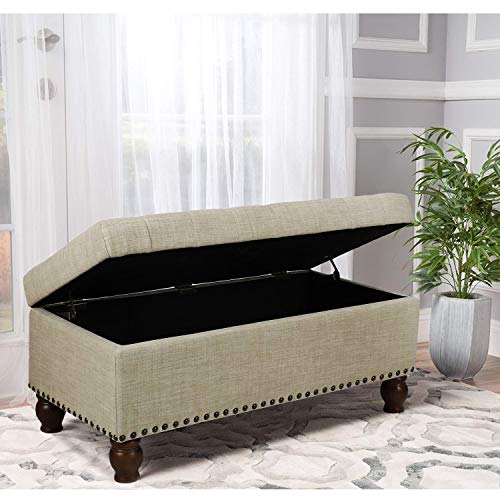 Asense Linen Fabric Rectangle Tufted Lift Top Storage Ottoman Bench, Footstool With Solid Wood Legs Upholstered Storage Bench (Noble Beige) #TOP2
