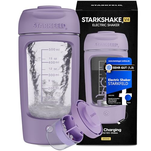 STARKSHAKE V4 ausgezeichnet als bester elektrischer Shaker vom F.A.Z.-Verlag (2025) | Elektrischer Protein Shaker für cremige Eiweiß Shakes | 8000 UPM | USB-C | 120+ Shakes | inkl. STARKPOD | LILA