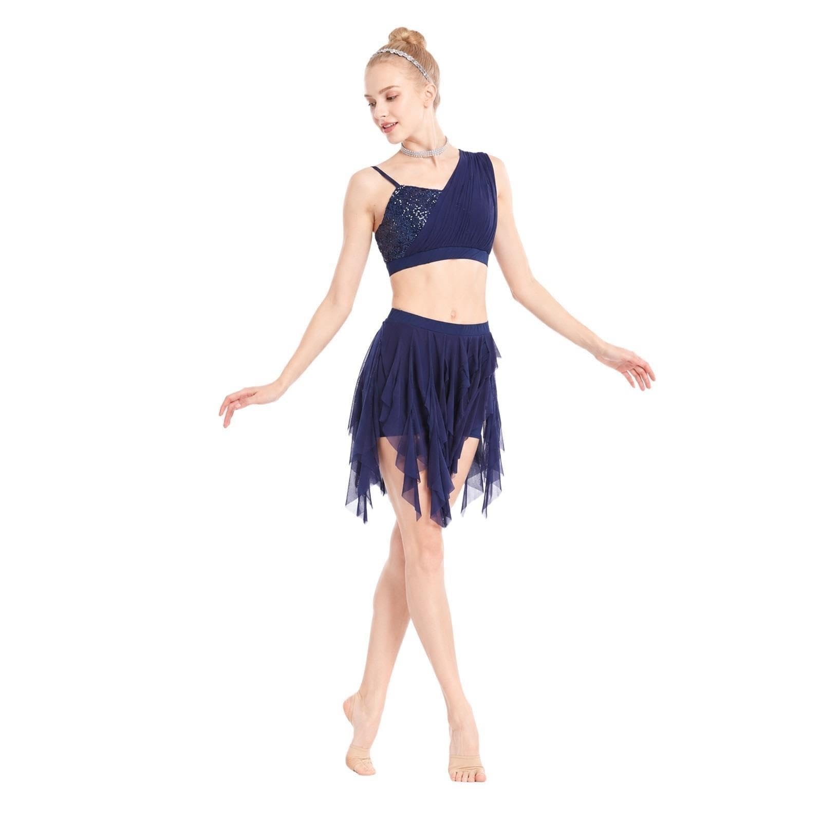 Completo da danza lirica donna e teen, due pezzi blu navy con paillettes