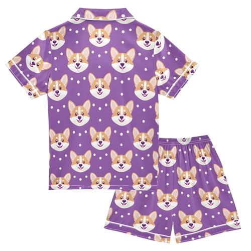 Purple Pattern Cute Dogs Summer Satin Pajama Set, Cute Button-Down Sleepwear Pj Set for Sleep Wears2