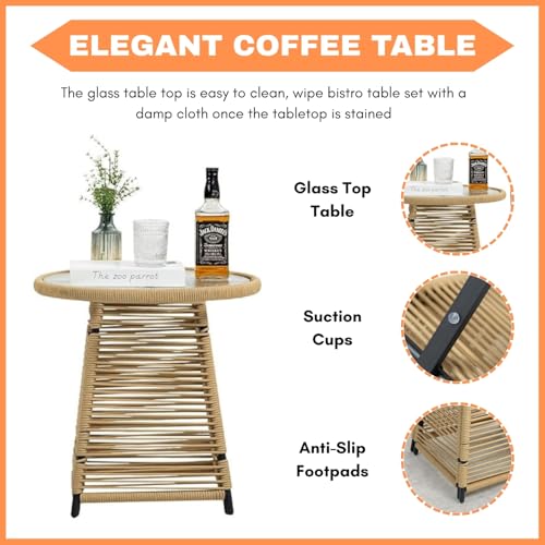 Image of DEVOKO Serene 3-Piece Outdoor Rope Patio Bistro Set with Glass Top Table and Cushions for Garden, Deck, Lawn, Poolside, Porch, Balcony (Beige & Cream)
