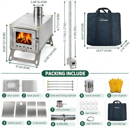 DANCHEL OUTDOOR S1 Small Hot Tent Stove with 9.8ft Pipe, Portable Collapsible Stainless Steel Camping Wood Stove with Folding Legs for 1 Person Winter Survival Backpacking, Cooking - Image 4