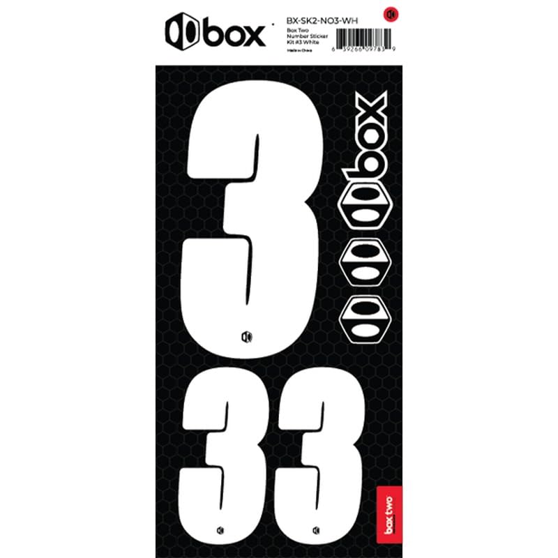 Box Two BMX Number Stickers - Number #3 (White), UV-Protected Vinyl, Meets USA BMX/UCI Standards, Front and Side Plate Compatible
