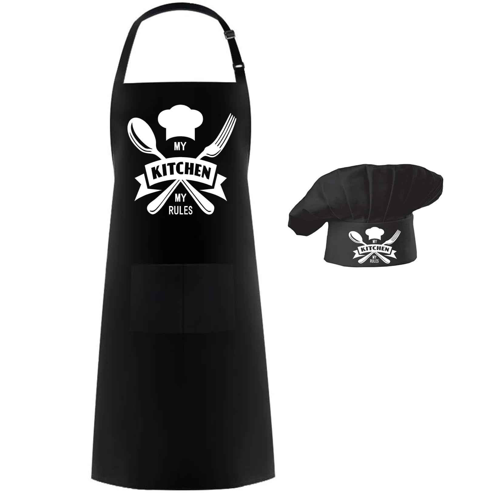 Hyzrz Chef Apron Hat Set,Adjustable Chef Hat and Apron Baker Costume with Pocket for Kitchen Grill BBQ Fathers Mothers Gift