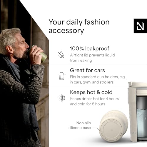 Image of LARS NYSOM Thermo Coffee Mug to go 17oz | Travel Mug 0.5 Liter with Insulation | Silicone grip base | Leak Proof Stainless Steel Tumbler for Coffee and Tea on the Go (Beige, 17oz)
