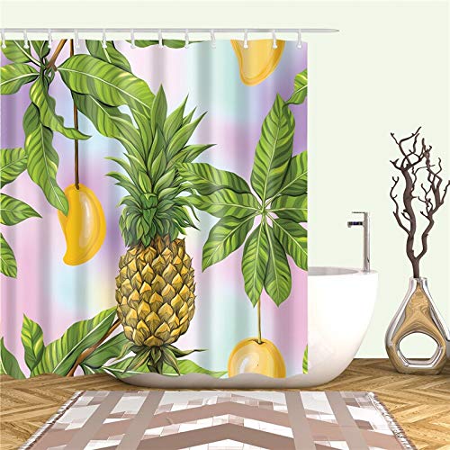 XCBN El Juego de Cortinas de Ducha con póster de piña Puede ser una mampara de baño a Prueba de Agua en la decoración del hogar del baño con 12 Ganchos a Prueba de Agua A5 180x200cm