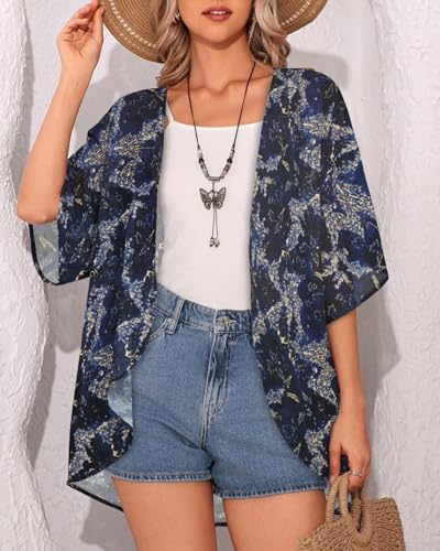 Image of Women's Floral Print Puff Sleeve Kimono Cardigan Loose Cover Up Casual Blouse Tops 2026