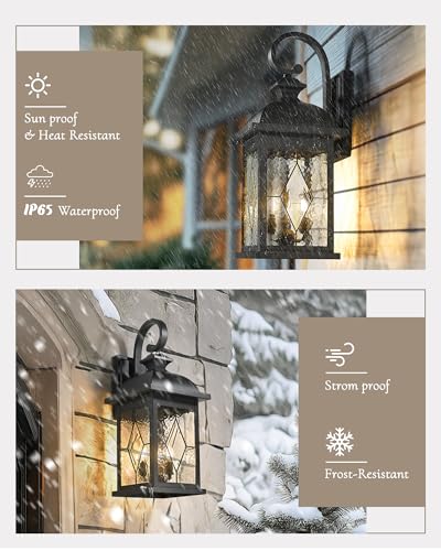 Image of FEMILA 3-Light Outdoor Wall Light, 26 inch Large Exterior Wall Lantern with Water Ripple Glass, Porch Light for Entryway, Patio, Garage, and Doorway, E12 Base, 4FD54B-L SD BK