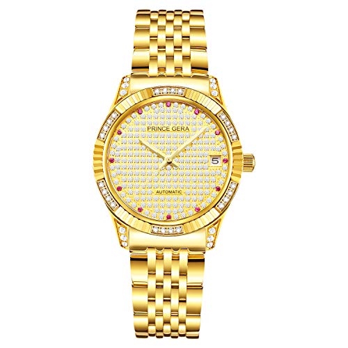 Preisvergleich Produktbild Prince Gera 18 Karat vergoldete Damen Automatikuhren Kristallkalender Datum Diamant Mechanischer Metallsaphir Wasserdichter Goldener Strass Kleid Armbanduhren mit Edelstahlband
