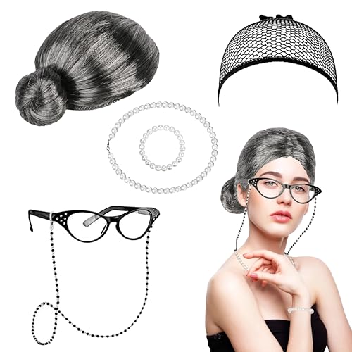 6tlg Oma Perücke, Old Lady Kostüm Großmutter Cosplay Zubehör Set, Rentnerin Kostüm mit Brille Brille mit Kette Perlenkette Armband für Fasching Maskerade Cosplay Köln-Karneva Party