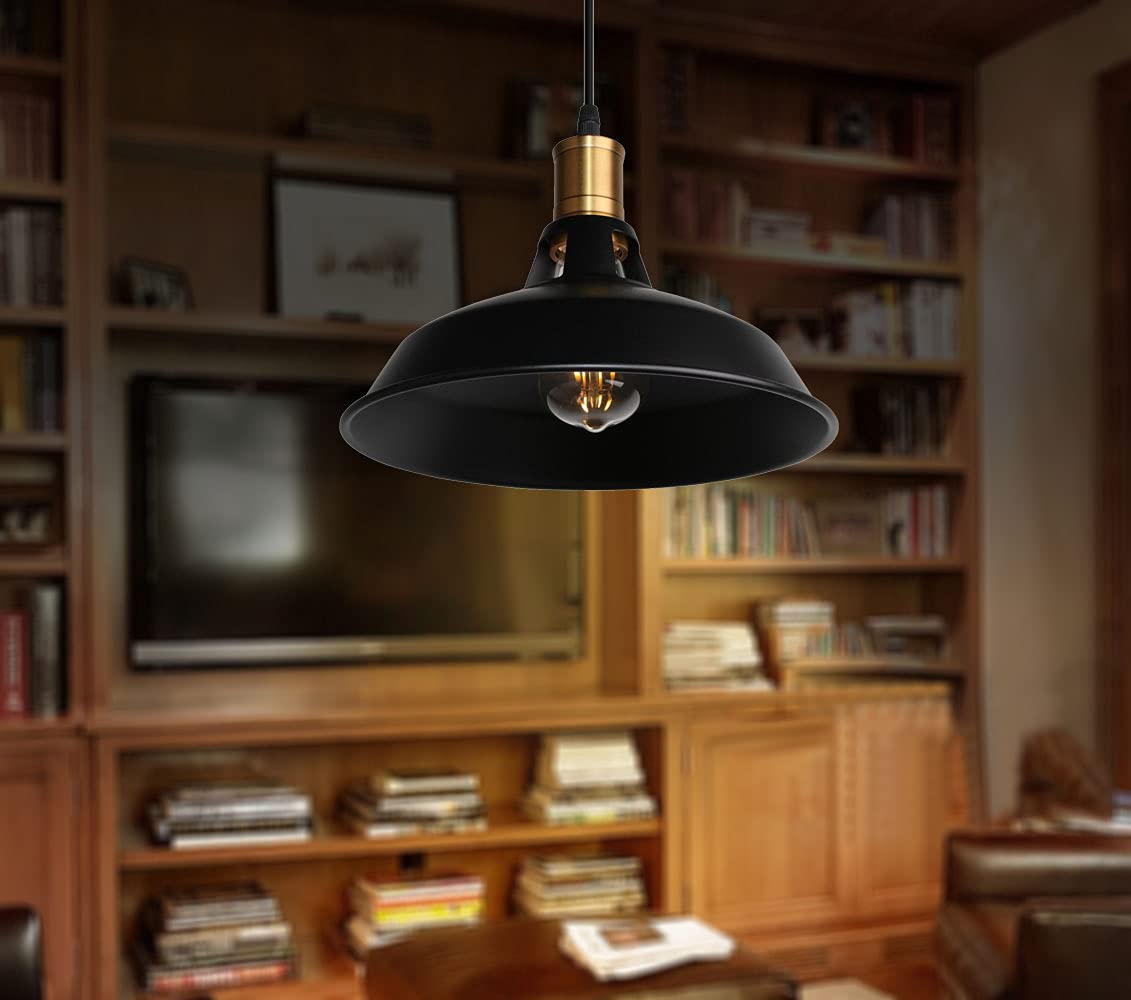 Suspension Lustre Industrielle Vintage Luminaire Plafonnier E27 Salon Abat-jour Plafond en Métal Rétro Style Nordique Design Câble Réglable (Noir, 2pcs)