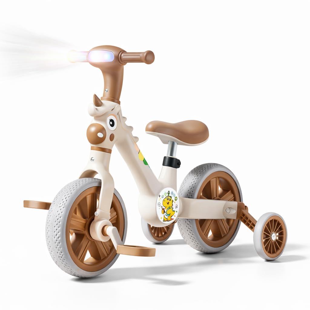 3-in-1 Kids Tricycle with Music & LED Light | Convertible Tricycle to Balance Bike | Ride-On Cycle for Kids10 Months to 3 Years (Brown)-picture-11