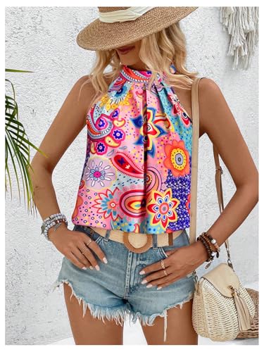 Image of RoseSeek Women's Tropical Paisley Halter Blouse Boho Shirt Vacation Tops