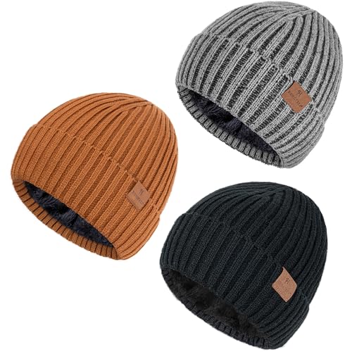 HONGTEYA 3 Pack Winter Beanie for Men Women, Thicken Thermal Plush Lined Beanie Fashion Warm Knit Hat for Cold Weather (US, Alpha, One Size, Black+Gray+Caramel Brown)