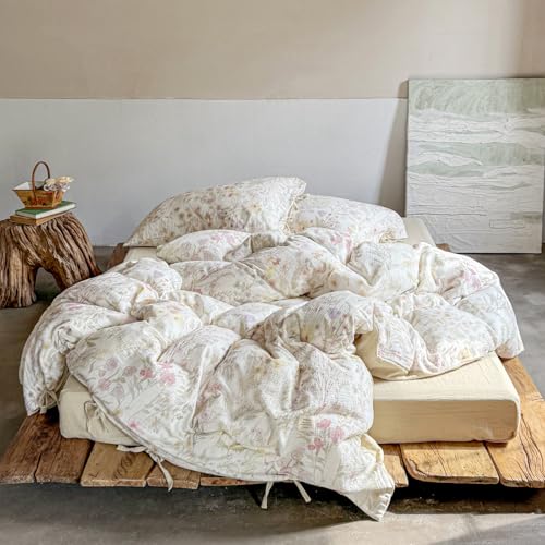 Image of VM VOUGEMARKET Fresh Floral Double Layer Gauze Full Duvet Cover Set, Soft Crinkled Cotton Muslin Bedding Set, Lightweight Breathable Botanical Print Comforter Cover for Cottagecore Bedroom