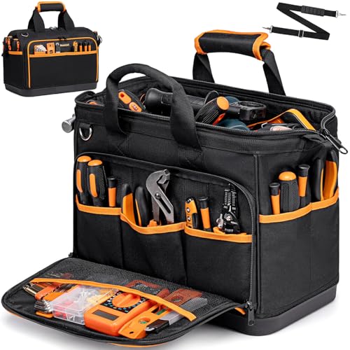 17Inch Heavy Duty Tool Bag Organizer, 26-Pocket Large Tool Bags for Men Women with Wide Mouth, Adjustable Shoulder Strap, Waterproof Molded Base for HVAC Craftsman Contractor Electricians Mechanics