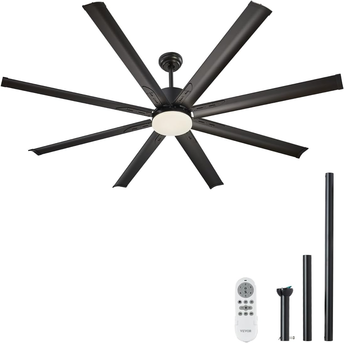 VEVOR 72 Inch Ceiling Fan with Light, 6-Speed Remote Control, Dimmable 3-Color Temperature, Reversible DC Motor, Modern Low Profile Flush Mount Fan for Bedroom, Living Room, Indoor/Outdoor Use, Black