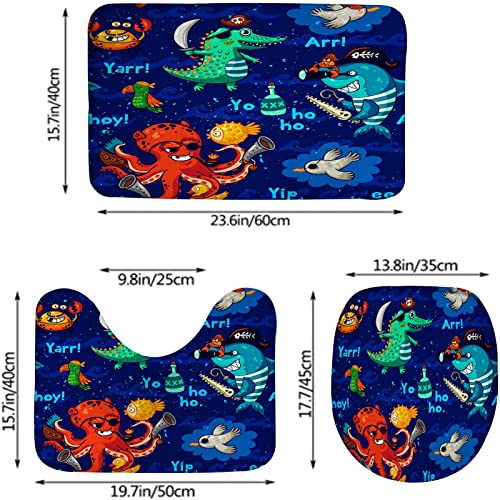 Badezimmerteppich-Set, 3-teilig, Unterwasserpiraten, Krokodil, Krake, Hai, Krabbe, waschbare Badeteppiche, rutschfest, mit Rückenpolster, Konturteppich und Toilettendeckelbezug – Bild 3