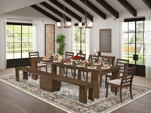 Image of X07X1-B08-04 9-Pc Dining Room Set contains an Extendable Rectangle Kitchen Table and 7 Stackable Polyester Dining Chairs and 1 Modern Bench, 39x120 Inch, Antique Walnut