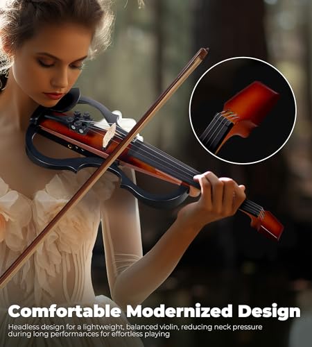 Image of Vangoa Electric Violin 4 /4 Full Size, Solid Wood Ebony Silent Violin with Professional Pickup & 3-Band EQ, Headless Lightweight Design, Beginner to Professional Electric Violin Kit, Brown