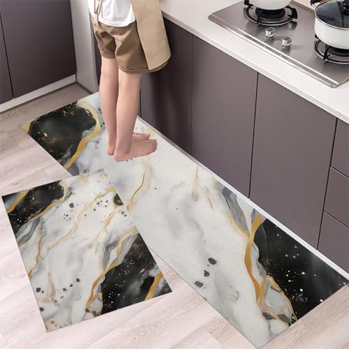 Tapis de cuisine en marbre noir et gris chic avec lignes dorées luxueuses 2 pièces