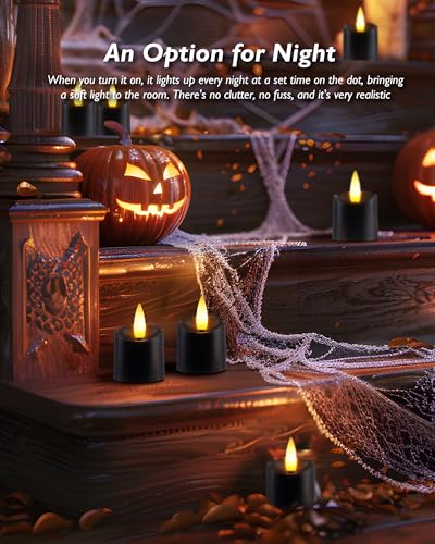 Image of Homemory 12Pack Timer Black Tea Lights Candles Battery Operated, Long Lasting Flameless LED Votive Candles, for Halloween Decorations, Theme Party, Table Decor-Black Base