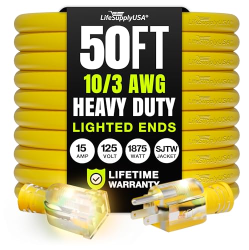 50ft Outdoor/Indoor Extension Cord 10/3 Gauge Ultra Heavy Duty 3 Prong SJTW, Waterproof, Flexible Cold-Resistant Long Power Cord,15A 125V 1875W, Yellow by LifeSupplyUSA