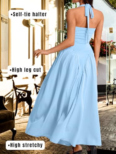 Image of ChiaoLezhee Deep V Neck Dress, Halter Maxi Dresses, Vacation Date Night, Sexy for Women Corset Flowy Wedding Guest Drop Waist