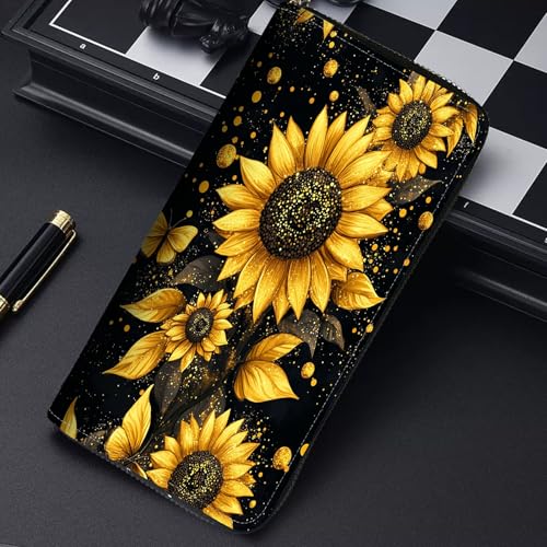 Image of RFID Blocking Leather Wallet for Women - Large Capacity Zip Around Clutch with 8 Card Slots,29 Cash Pockets & Coin Zipper,Sunflower