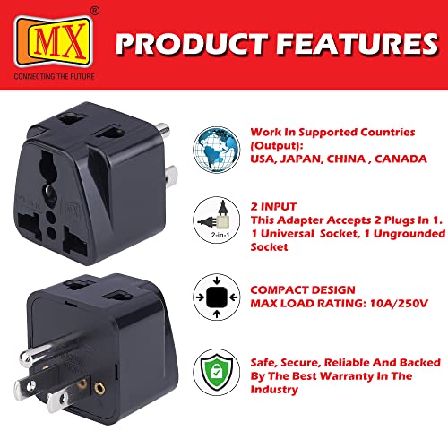 Image of MX Universal Travel Adapter (Type B) India to USA Canada Japan & More 2 in 1 Conversion Plug for Home and Official use - Black