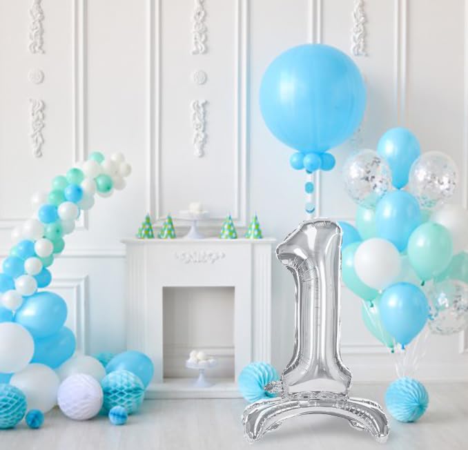 Silberner Folienballon Nummer 1 – 70 Cm Hoch, Aufblasbar Mit Luft Oder Helium, Mit Standfuß Für Geburtstag & Party