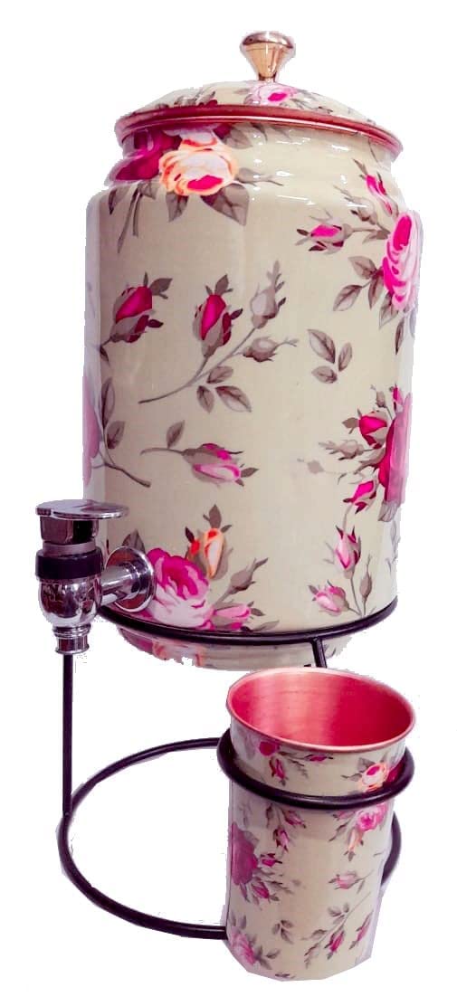 Distributore d'acqua in rame da 5000 ml, 1 bicchiere da 300 ml e con supporto, altezza 40 cm, profondità 19 cm, lunghezza 19 cm, peso 1500 g per la conservazione dell'acqua degli