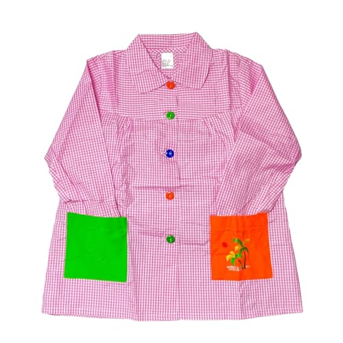 MORE FREE-Babi Escolar Bata Escolar Infantil Niño o Niña para Guarderia y Colegio Cuadrado con Botoens (FR/ES, Edad, 6 años, Regular, Talla 5（6-7 año）, Cuello Rosa)