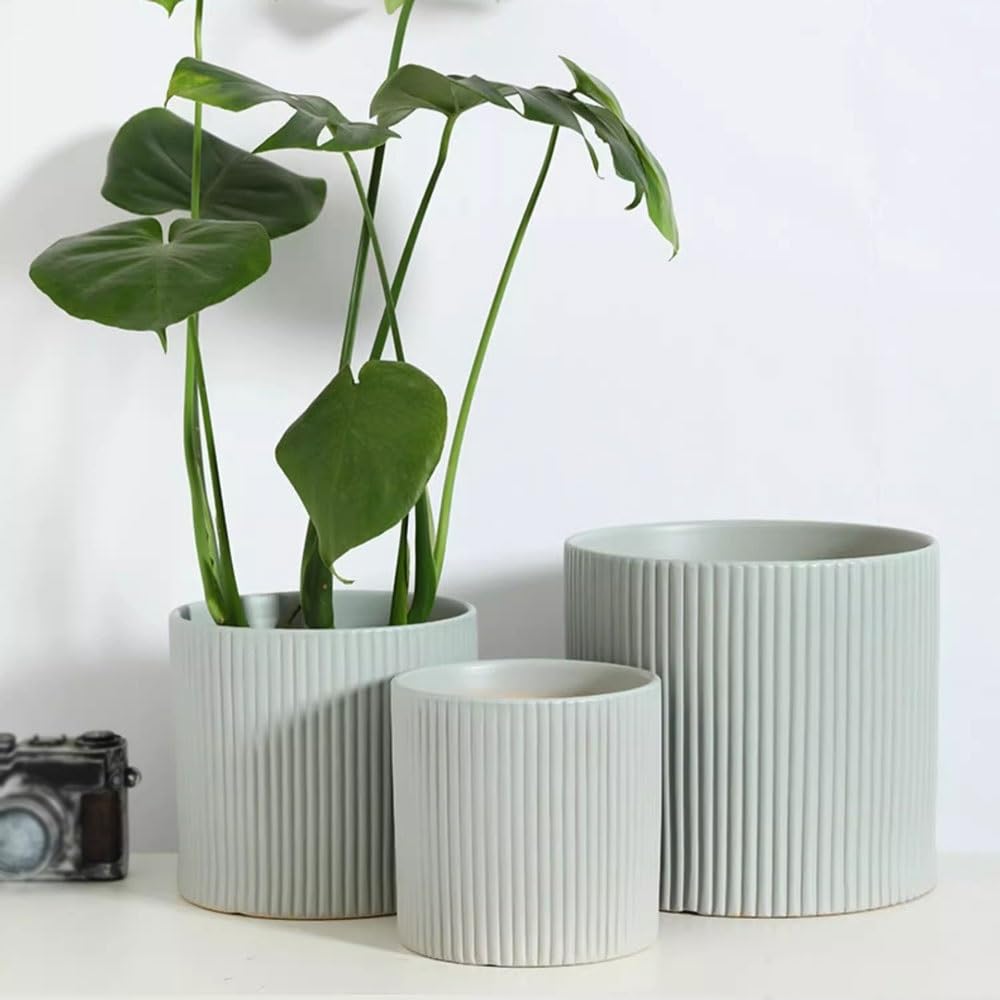 Doniczka cylindryczna jasnozielona doniczka na kwiaty do użytku wewnątrz i na zewnątrz z smugami ceramiczna doniczka z otworami drenażowymi donica stołowa do domu, patio, ogrodu
