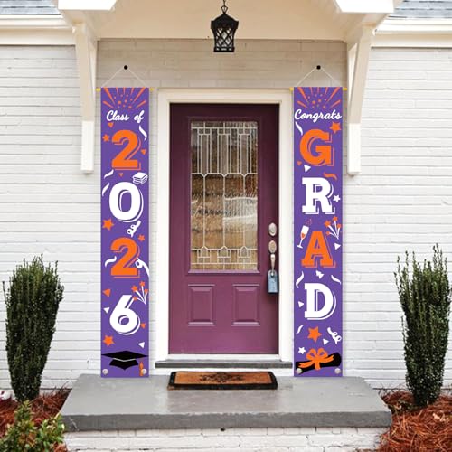 Image of Graduation Porch Banner Class Sign Congrats Grad Hanging Flags High School College University Party Decoration For Front Door Outdoor Purple Orange