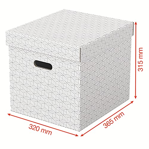 Esselte 3er Set große würfelförmige Aufbewahrungsboxen mit Deckel, Schachteln für Wohnung/Büro & Organisationszwecke, 100% recycelter Karton, 100% recycelbar, geometrische Designs, Weiß, 628288