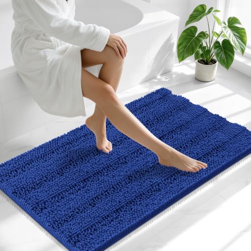 Image of Smiry Thick Chenille Bathroom Runner Rugs 44x24, Extra Absorbent Striped Bath Mat, Machine Washable, Rubber Backing, Long Bath Rugs for Bathroom, Tub & Shower, Home Decor Accessories, Royal Blue
