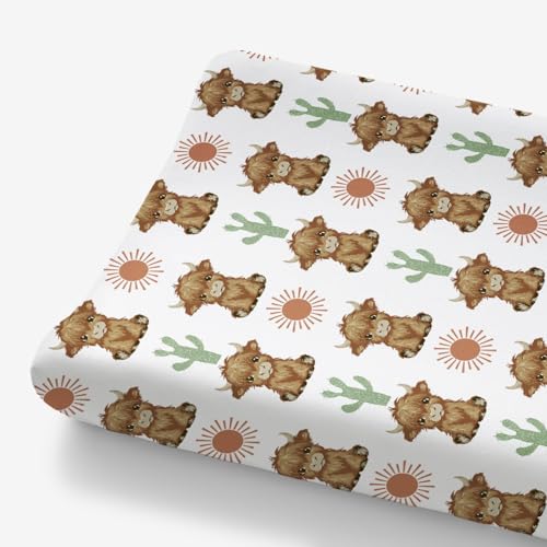 Image of HawSkgFub Highland Cow Boho Cactus Sun Changing Pad Cover for Baby Girls Boys, Western Hyland Cattle Diaper Change Table Covers, Soft Stretchy Safe Snug Fitted Changing Mat Sheets Fit 32"/34" x 16"