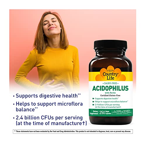 Country Life Dairy-Free Acidophilus With Pectin, 2.4 Billion Cfus, 250 Vegan Capsules, Certified Gluten Free, Certified Vegan #TOP2