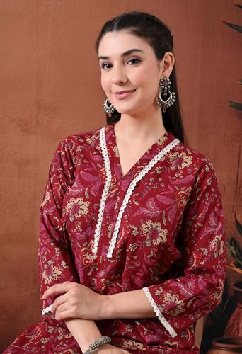 Image of Ichaa Women's Pure Cotton A-Line Ethnic V-Neck Kurta with 3 /4th Sleeve for Daily and Office Wear, in Plus Sizes