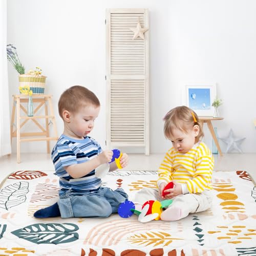 decalsweet Spielmatte Baby 127×127cm mit Rutschfest, Extra Dicke 2cm Weiche Krabbelmatte Baby, Faltbar Krabbeldecke für Baby Krabbelteppich für Kinderzimmer Indoor Outoor Zaun (Boho-Blatt)
