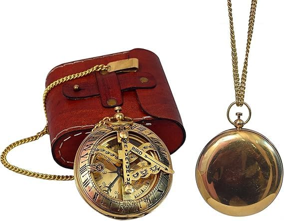 Vintage Brass Sundial Compass with Chain & Leather Case, Antique Brass and Copper Sun Dial Clock for Outdoor Navigation and Nautical Décor