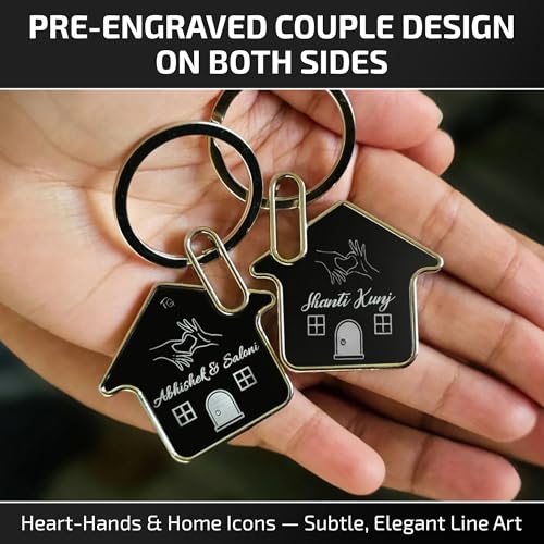 Image of Couple Keychain Set with Name & House Engraving - Custom Keychains for Him & Her | Personalized Name Tag Key Chain Pair, Matching Couple Key Tags, Customized Home Keyring Set | Gift Box Included
