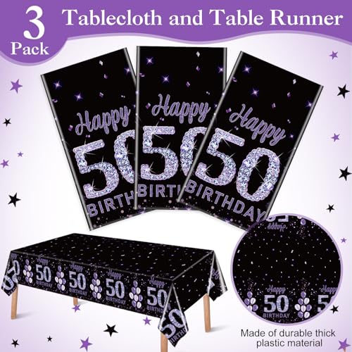 Image of Ganeen 3 Pack 50th Birthday Tablecloth Purple Black Happy 50th Birthday Decorations Disposable Plastic Rectangular Table Cover for Party Supplies Women Men, 108 x 54 Inch