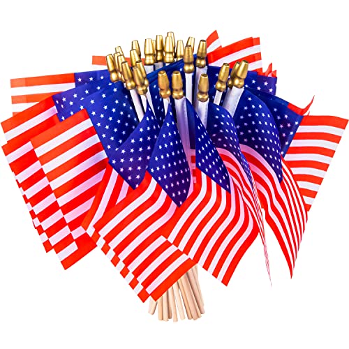 40 Pack Small American Flags on Stick 4*6 Inch Mini American Flags for 4th of July Decorations Memorial Day Decorations Patriotic Decorations US American Hand Held Wooden Stick Flag with Kid-Safe