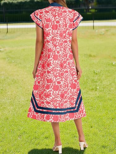 Image of Wenrine Womens Summer Floral Maxi Dress Casual Short Cap Sleeve V Neck Color Block Side Slit Loose Boho Beach Dresses