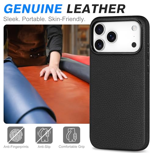 Image of SHIELDON Genuine Leather Case for iPhone 17 Pro Max 6.9 inch, Pebbled Black | Compatible with MagSafe, Magnetic Wireless Charging, Camera Button, Metal Buttons, Camera Bezel, Slim, Shockproof, Women Men