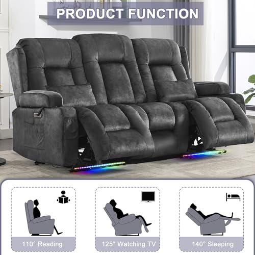 Image of URRED Power Loveseat Recliner Sofa with Massage and Heat, Wall Hugger Reclining Loveseat with Console, RV Couch Home Theater Seating with LED Lights for Living Room (Dark Grey, 76.8 inch - 3 Seats)