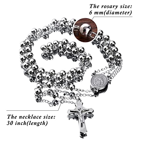 30" Stainless Steel Rosary Beads Necklace 6mm Silver Color with Jesus Christ Crucifix Cross2