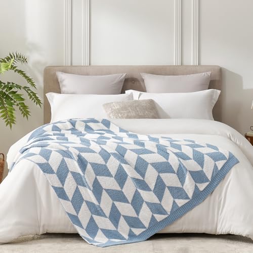 Image of Snuggle Sac Chevron Throw Blanket for Couch, Reversible Super Soft Warm Blankets Cozy Knit Fuzzy Plush Lightweight Throws for Sofa, Bed, Camping, Blue, 50x60 inches
